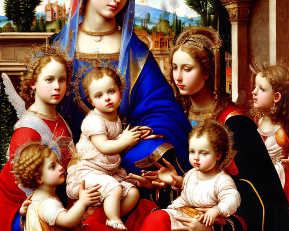 Renaissance painting of Virgin Mary with baby Jesus and angels.