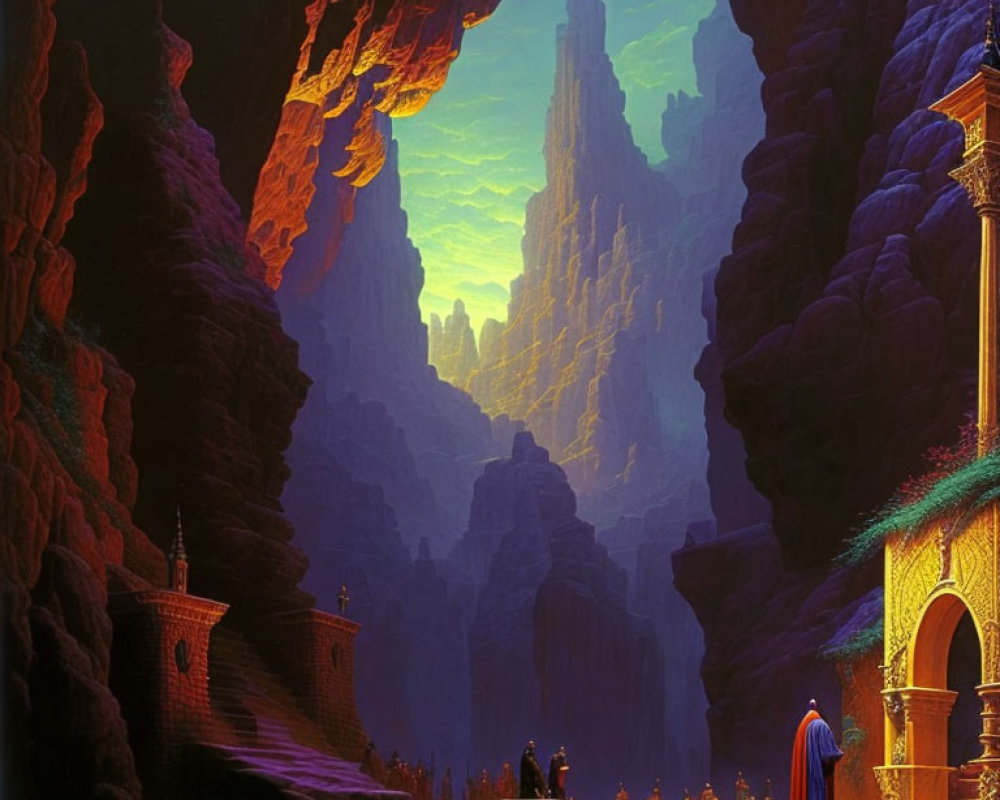 Mystical cavern with towering rock formations and illuminated castle entrance under green sky