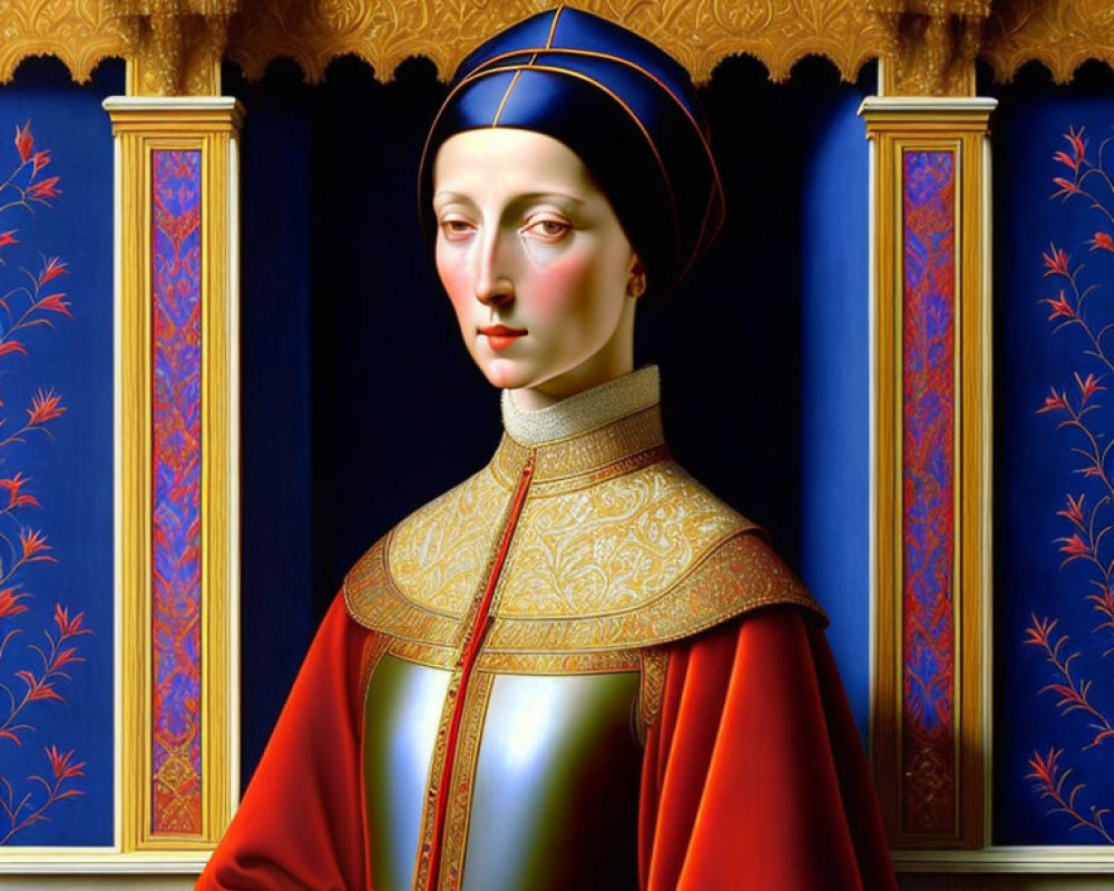 Digital painting of woman in Renaissance attire with red cape, blue headdress, and ornate gold-tr