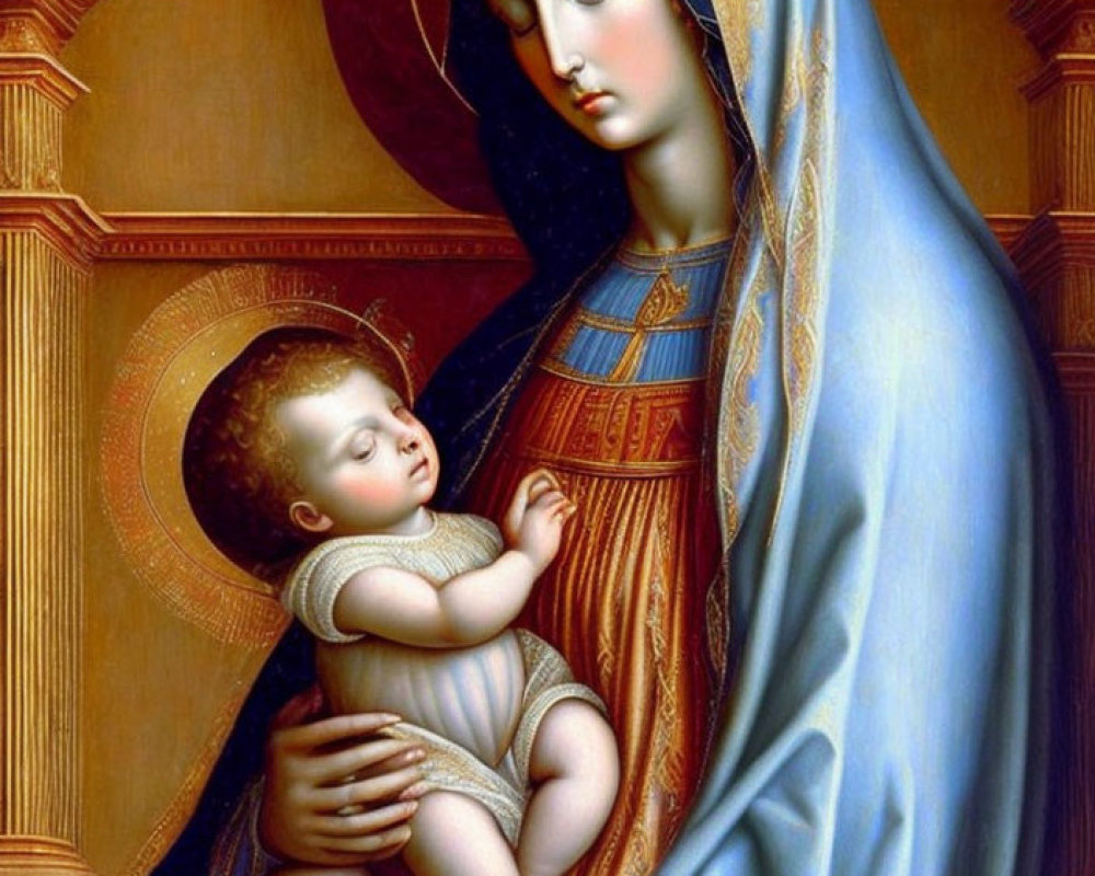 Religious painting of Virgin Mary and infant Jesus with halos and gold detailing