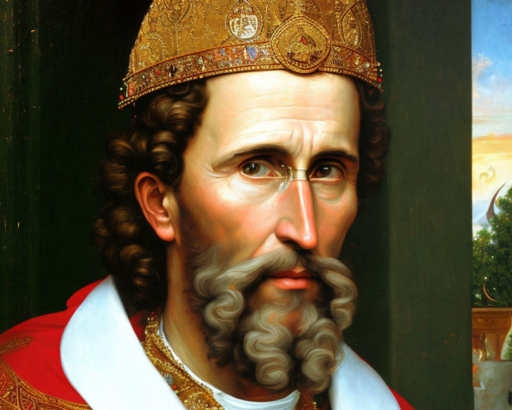 Detailed painting of bearded man in bishop's mitre and red vestments