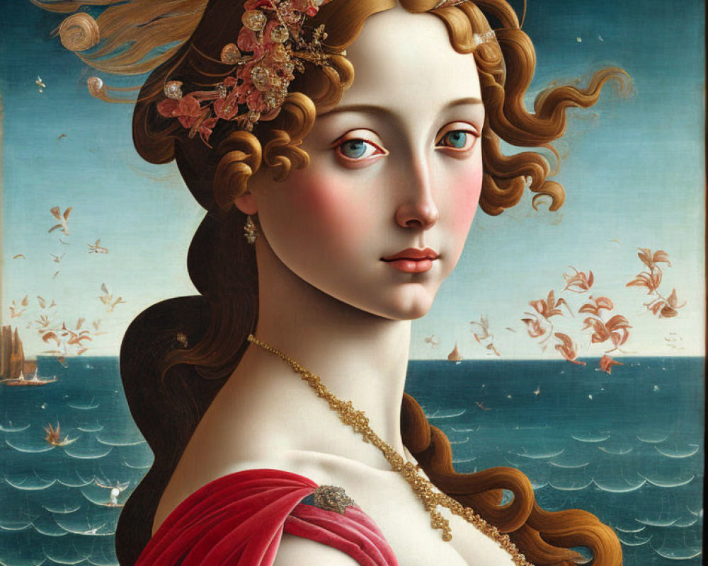 Portrait of young woman with ornate hair and flowers, set against seascape and flying birds