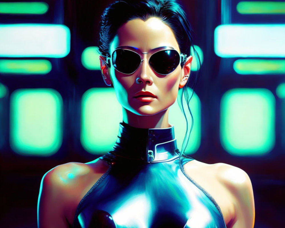 Stylized image of woman in futuristic attire against neon-lit backdrop