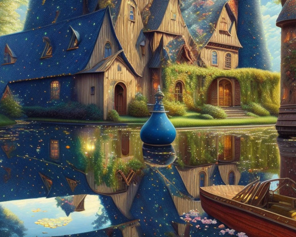 Whimsical house with star patterns, lush greenery, and reflective water surface with boat and vase