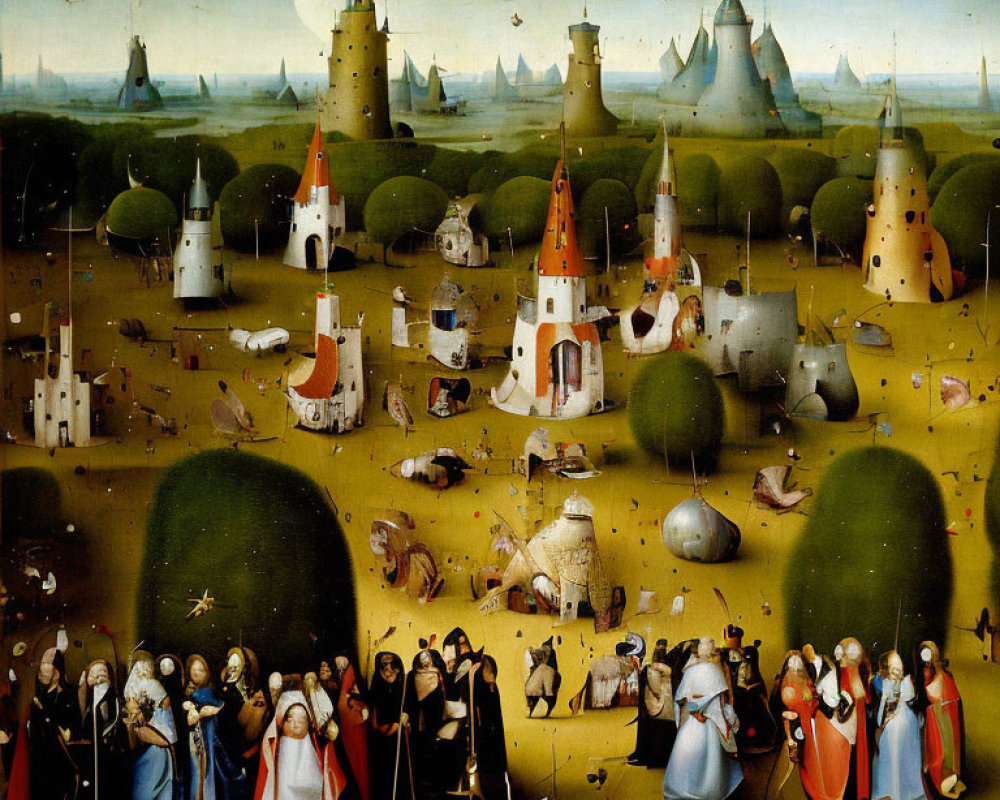 Detailed Oil Painting of Fantastical Landscape with Towers, Spherical Trees, and Hybrid Figures