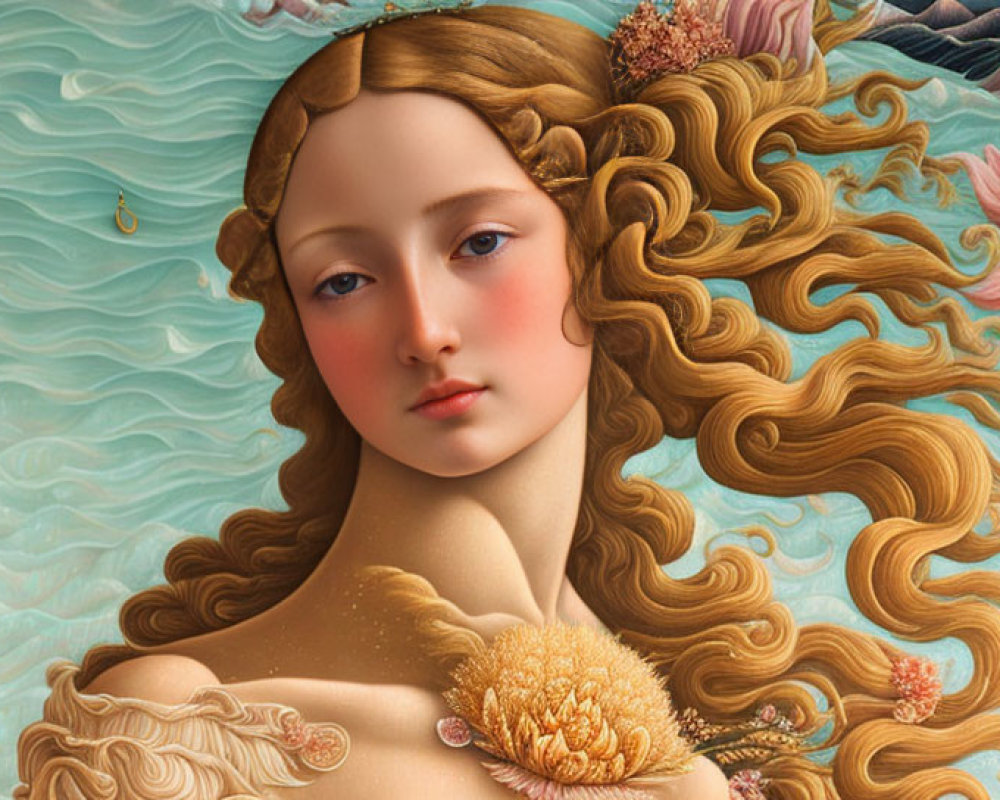 Woman with wavy hair and floral adornment floating on tranquil sea