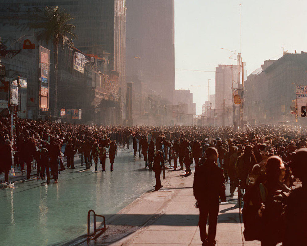 Busy urban street scene with people walking under clear sky