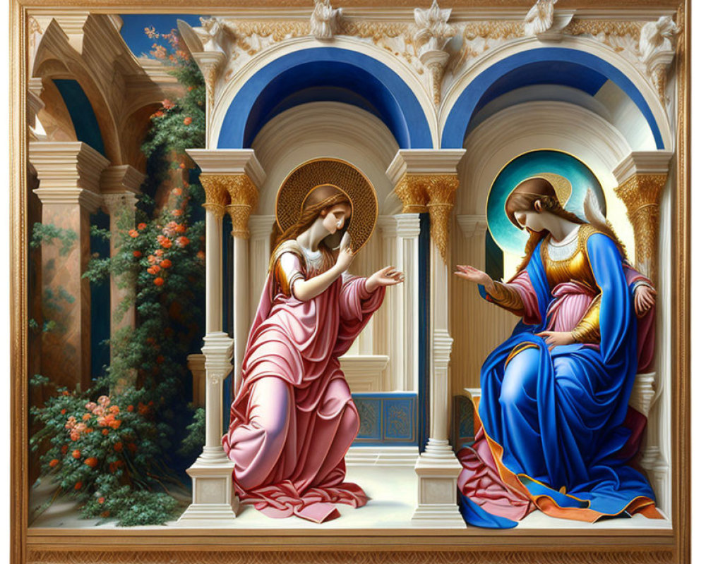 Detailed painting of the Annunciation with Virgin Mary in pink and Angel Gabriel in blue, set in orn