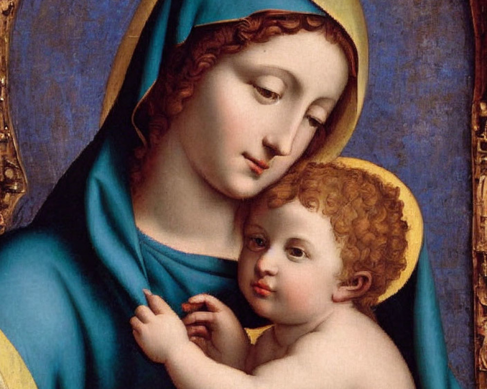 Classic Painting of Virgin Mary Holding Child Jesus in Blue and Gold Robes