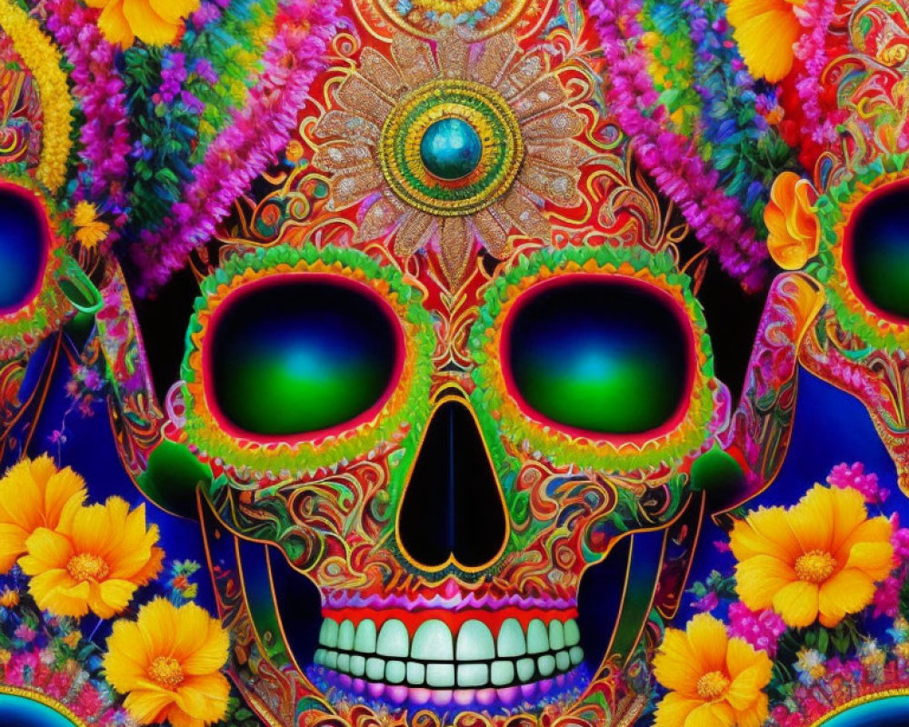 Colorful Dia de los Muertos skull with floral patterns