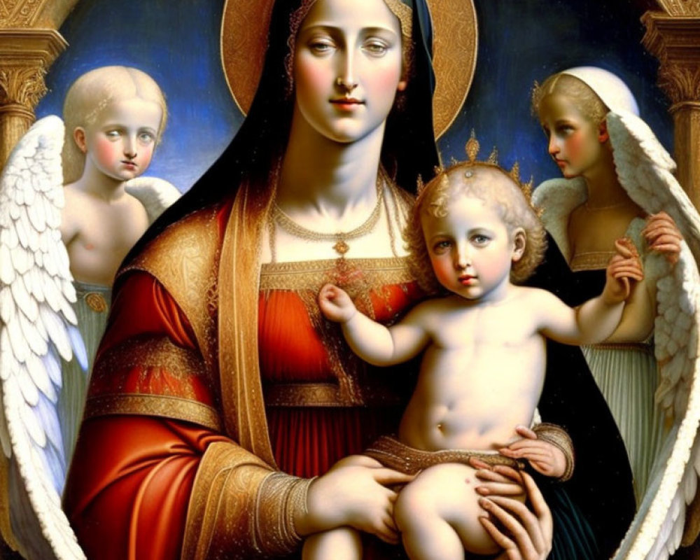 Madonna and Child Painting with Angels in Red and Blue Robes