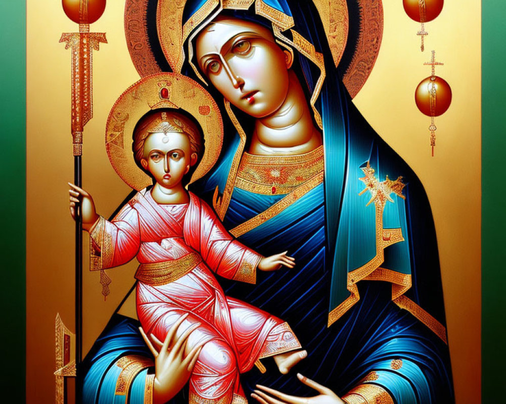 Icon of Virgin Mary Holding Infant Jesus with Golden Halos