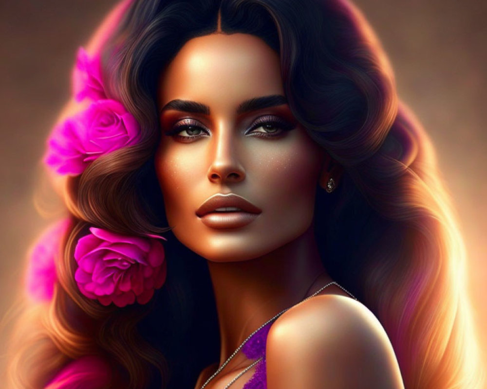 Portrait of woman with glowing skin, long hair, pink flowers, purple dress