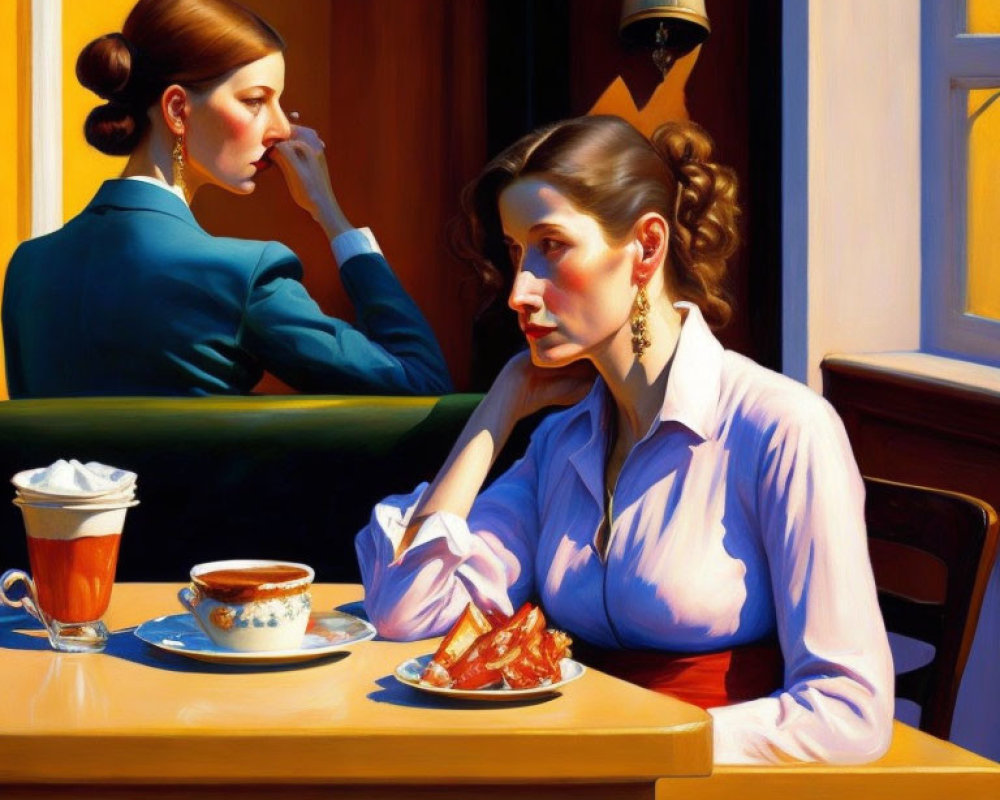 Two women in a sunlit cafe with vibrant colors and sharp shadows.