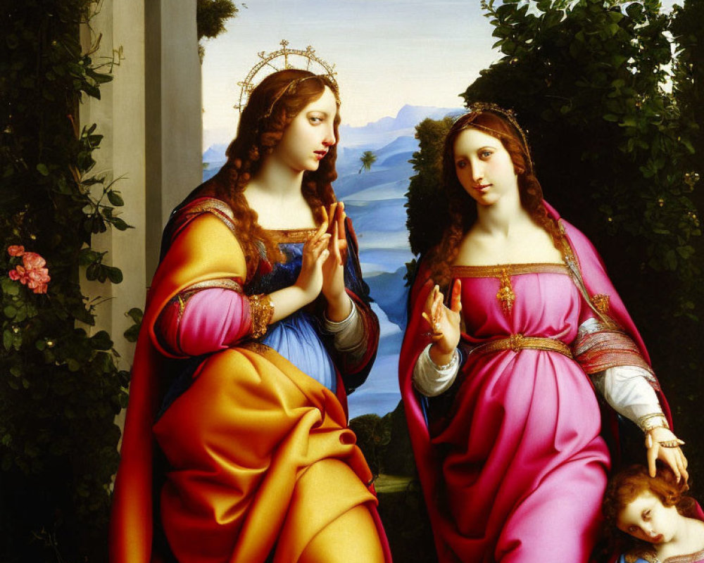 Two women in Renaissance dresses and crowns against scenic backdrop with lake.