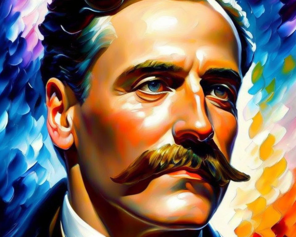 Vibrant portrait of a man with a large mustache in a suit