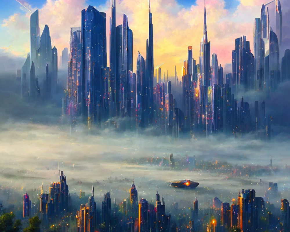 Futuristic sunset cityscape with skyscrapers and flying vehicle