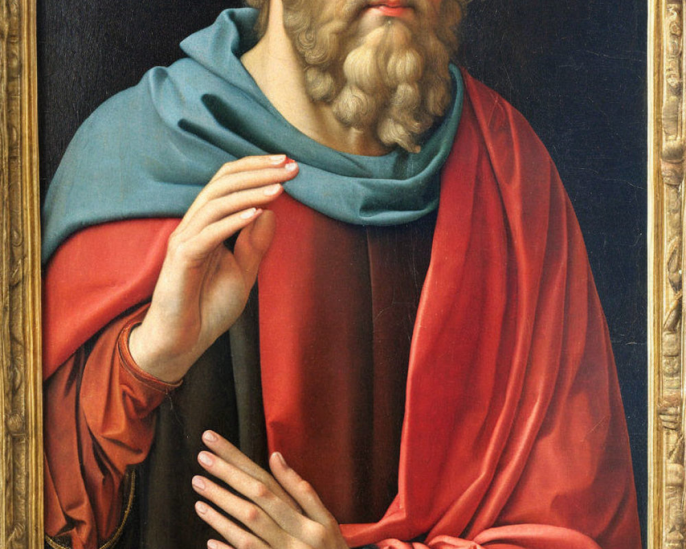 Bearded man with halo in red robe and blue shawl, gesturing on black background