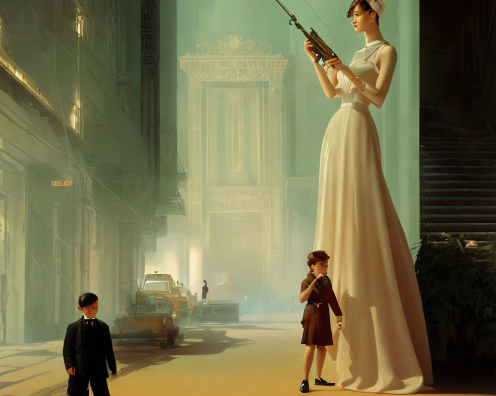 Vintage-style art: Children, woman in retro dress with rifle in futuristic city.