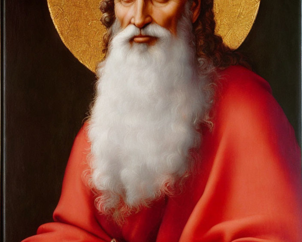 Bearded Man Portrait with Halo, Red Robe, Quill, and Book