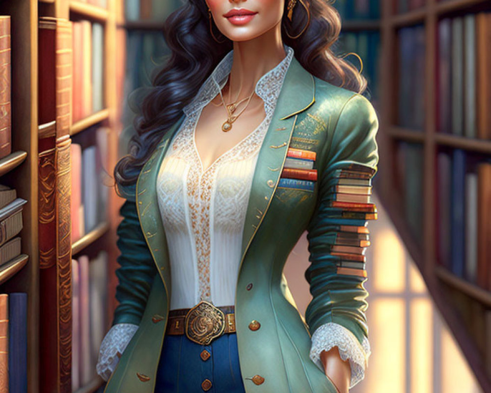 Illustrated woman in green jacket and white blouse by bookshelf