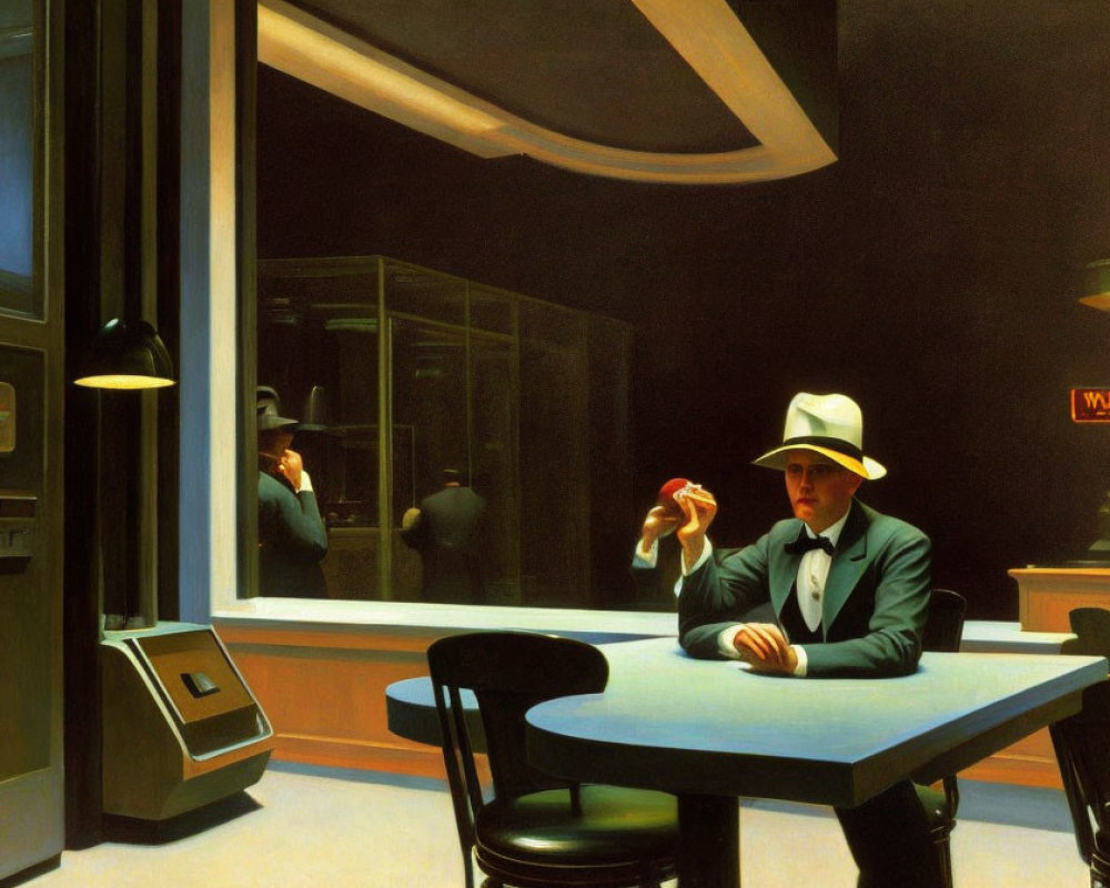 Man in suit and white hat inspecting object at table with street view through window.