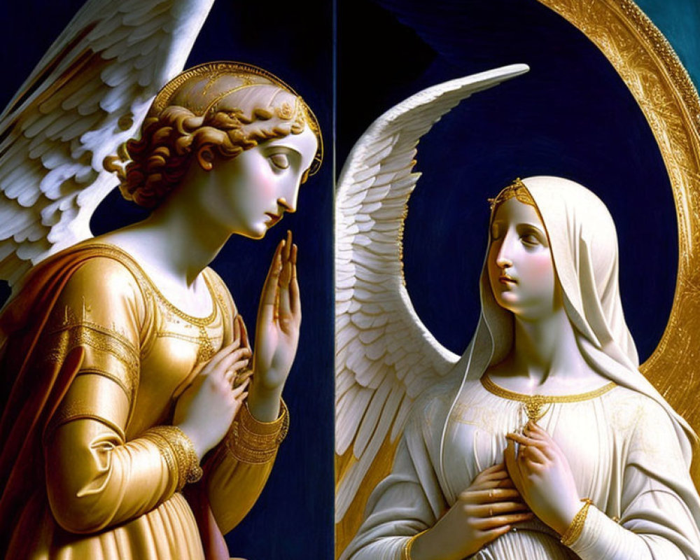 Angel with folded wings and halo conversing with reverent woman in white with golden halo