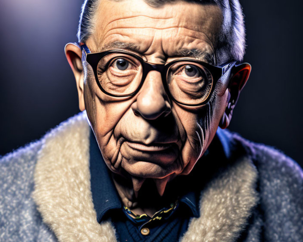 Detailed portrait of elderly man with glasses and hearing aid in dramatic lighting