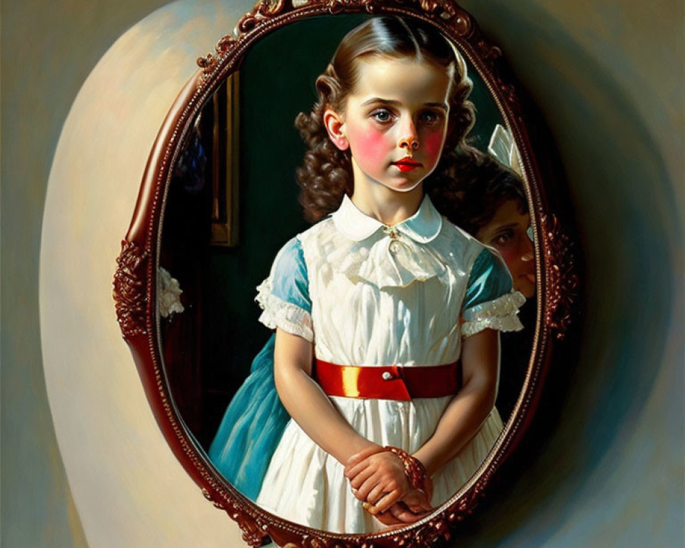 Realistic painting of young girl with curly hair in white and blue dress with red belt reflected in oval