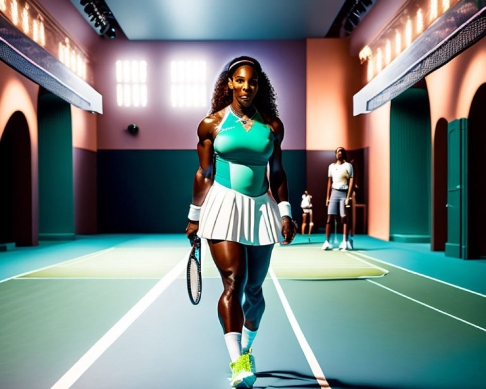 Indoor tennis players in teal and white outfits on court