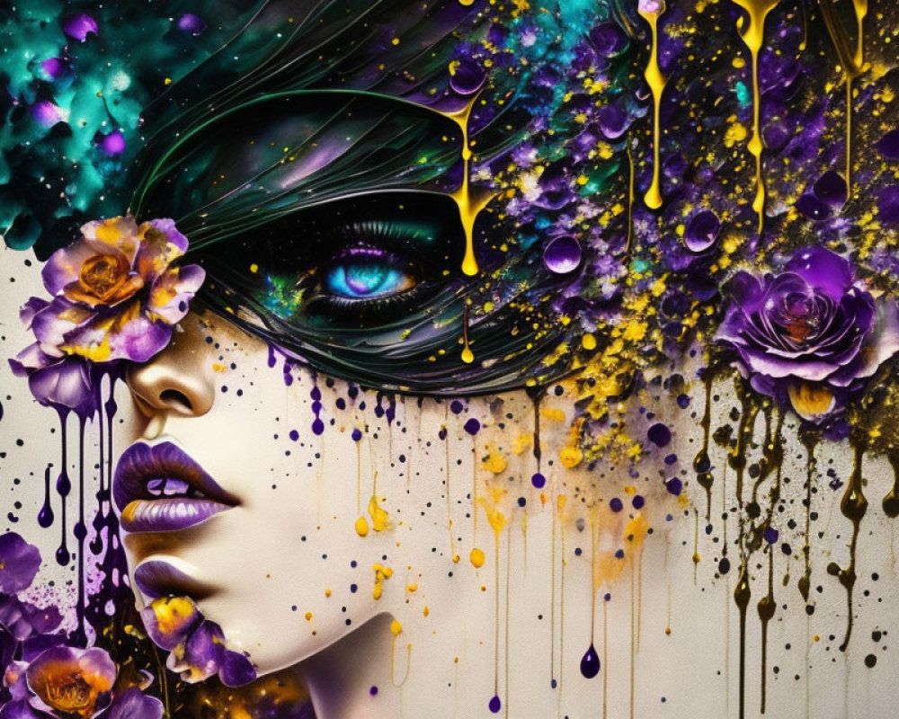 Colorful artwork of a woman's face with mask, surrounded by splashes and flowers