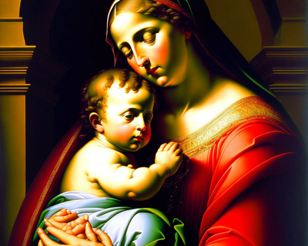 Classical painting of Madonna in red and blue robes with Christ Child