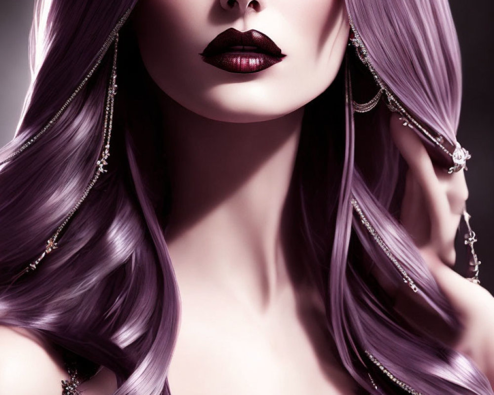 Woman with Purple Wavy Hair and Dark Lipstick in Moody Setting