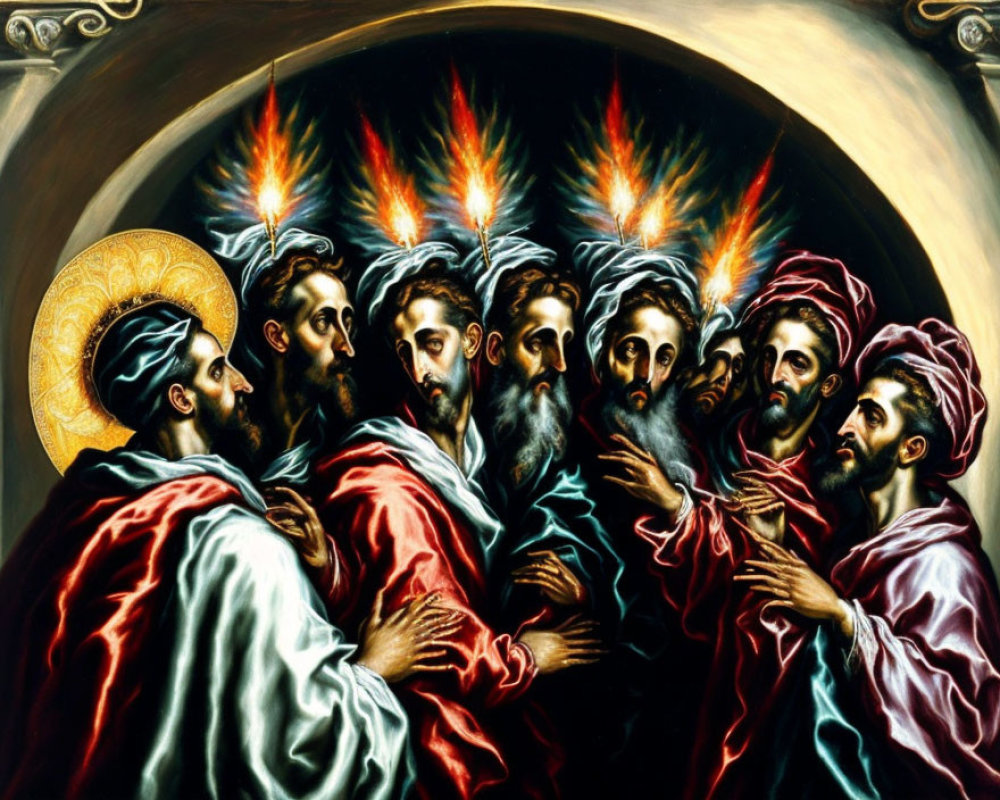 Religious painting depicting Pentecost scene with apostles and Holy Spirit symbol.