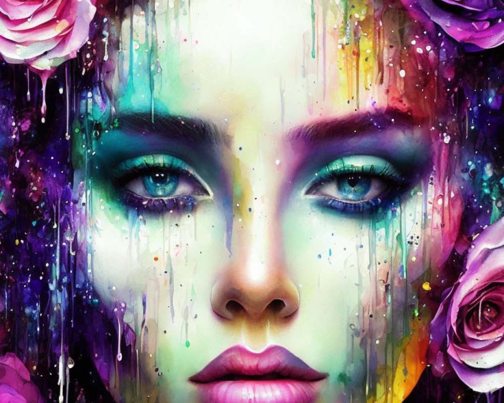 Vibrant Portrait of Woman with Dripping Paint and Pink Roses