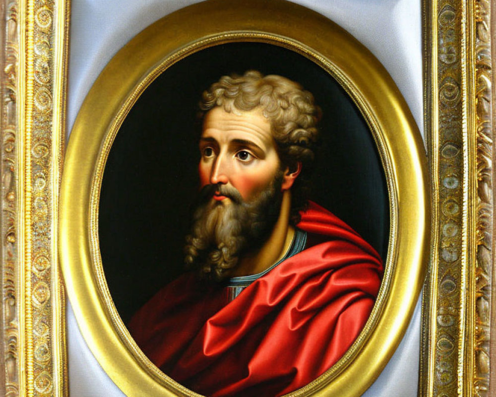 Classical Oil Painting: Bearded Man in Red Robe, Ornate Oval & Rectangular Gold