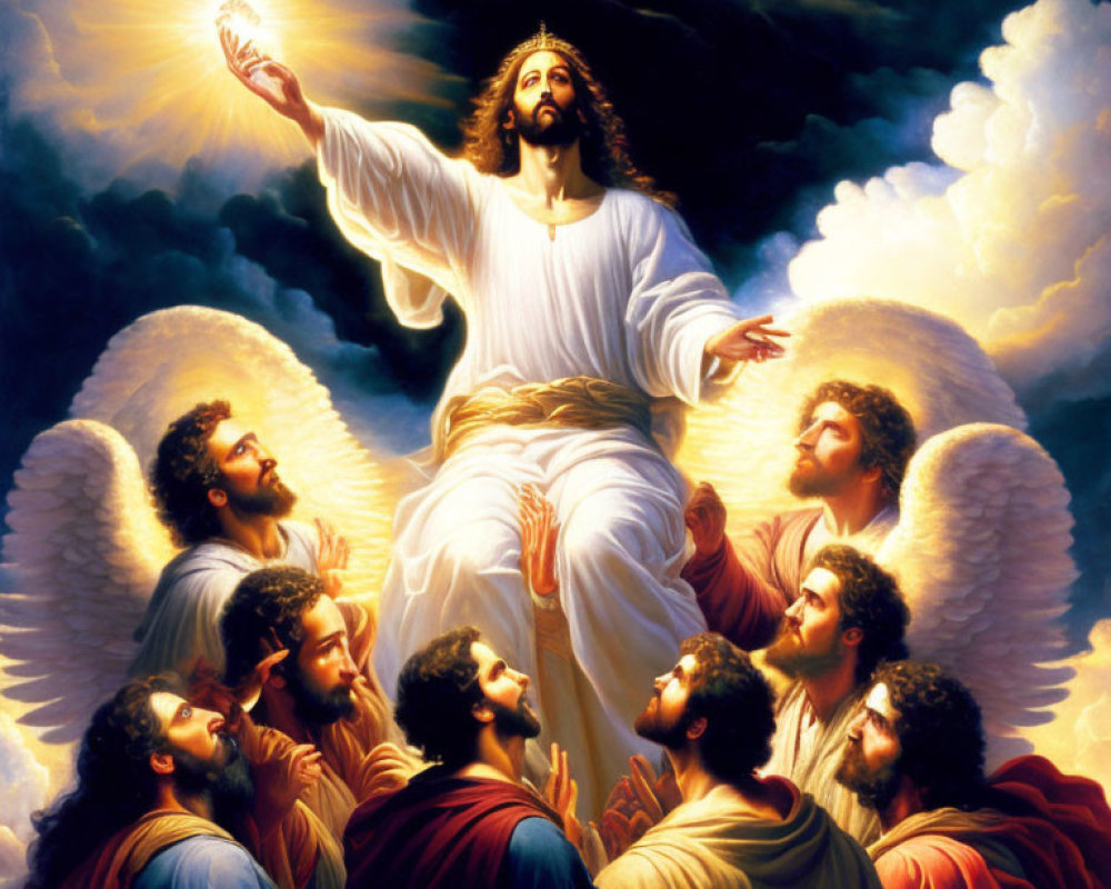 Figure in White Robes with Outstretched Hands Surrounded by Awe-Struck Crowd