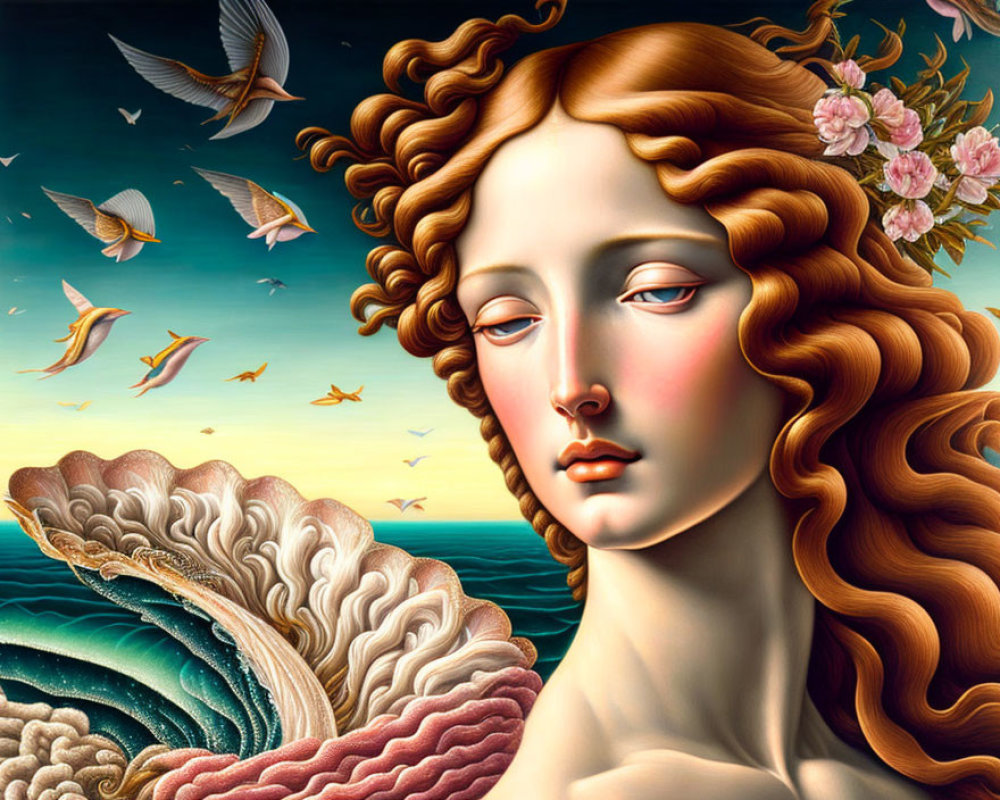 Surreal portrait of woman with flowing hair, ocean waves, birds in twilight sky