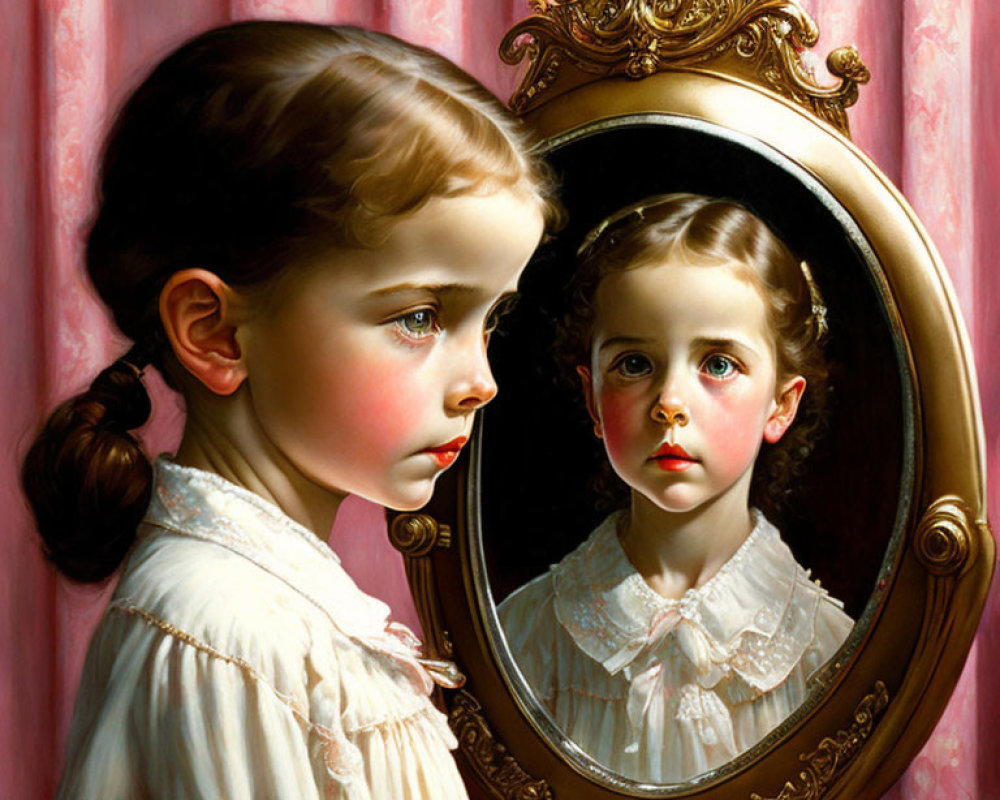 Young girl with brown hair looking into ornate mirror against pink curtain