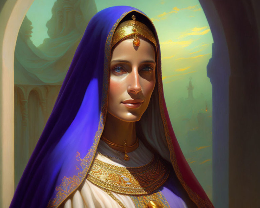 Regal woman in blue and gold headpiece before archway and cityscape.