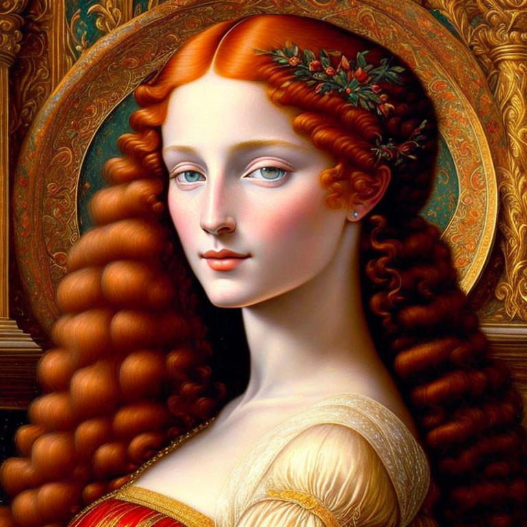 Portrait of Woman with Long Curly Red Hair and Halo