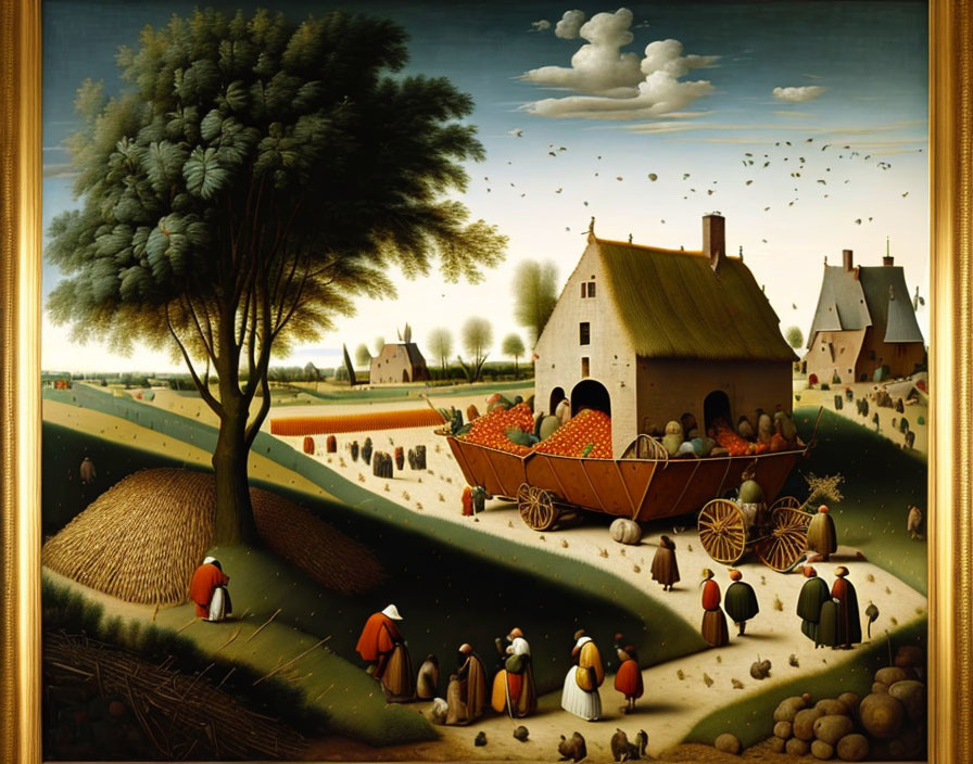 Rural oil painting: trees, haystack, villagers, horse-drawn cart, thatched cottages