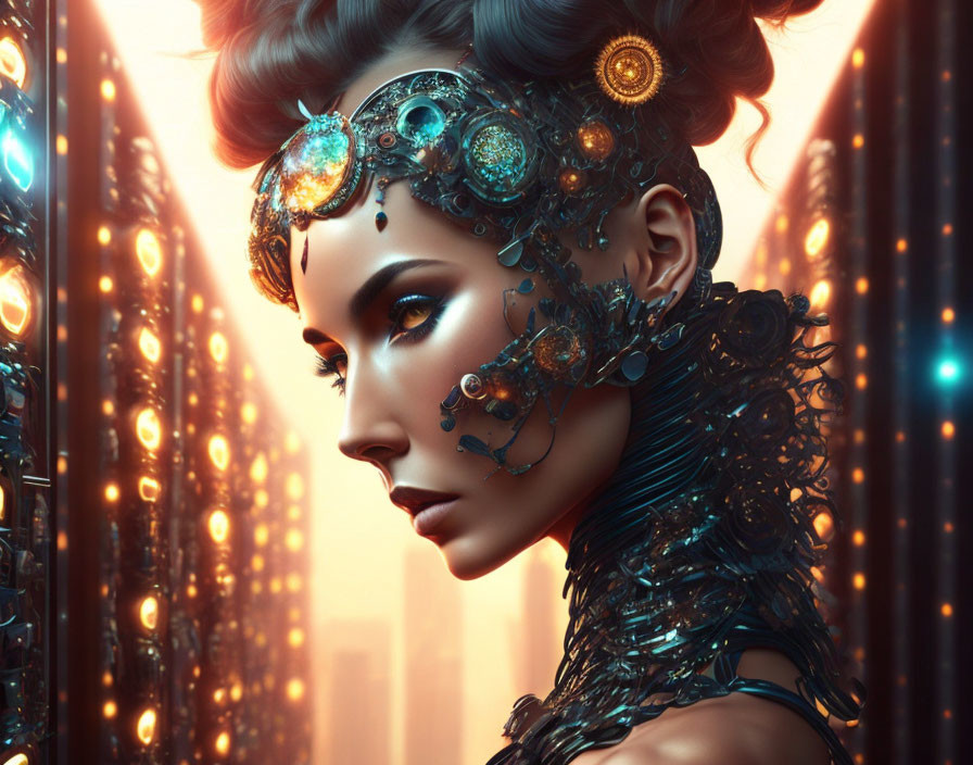 Futuristic digital artwork of woman with mechanical components and high-rise backdrop