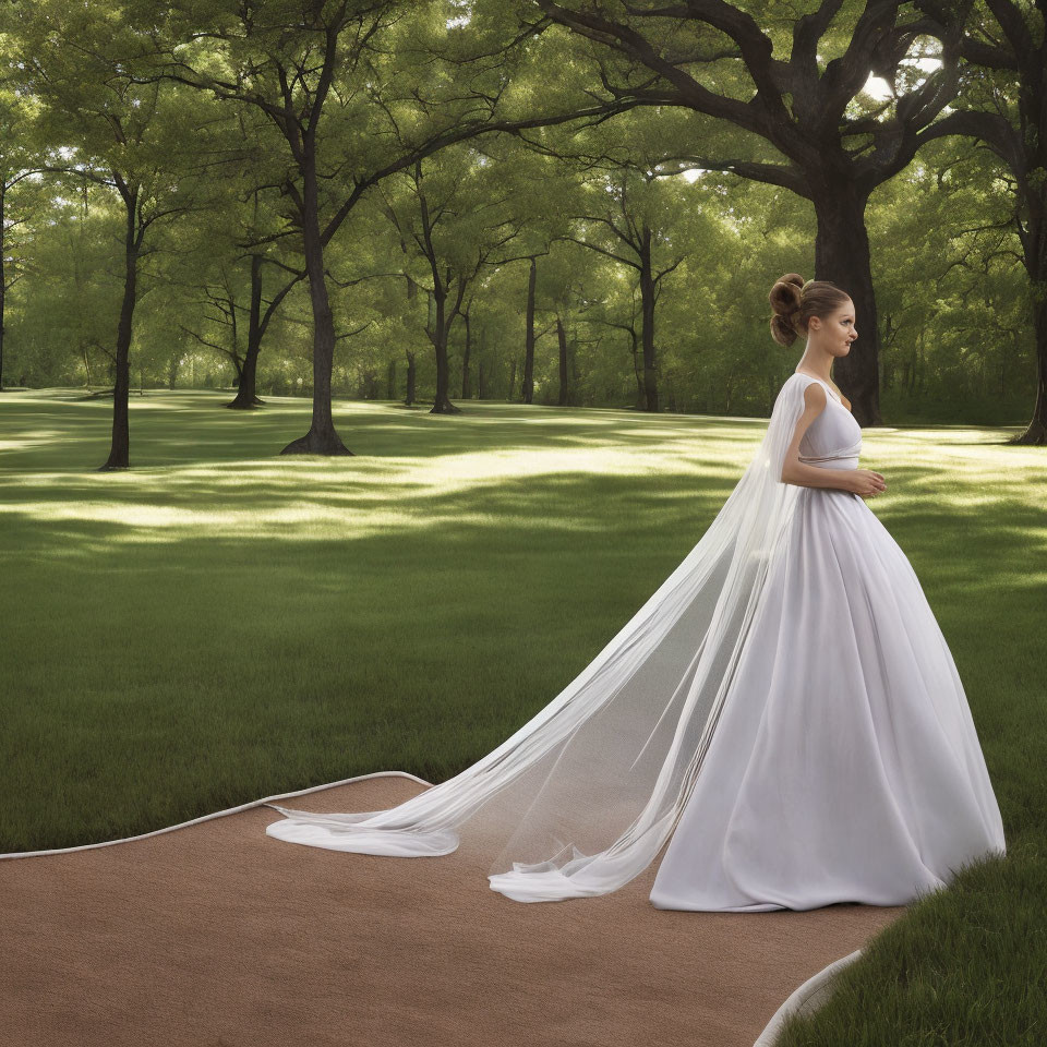 Bride in white gown with long veil in lush green forest