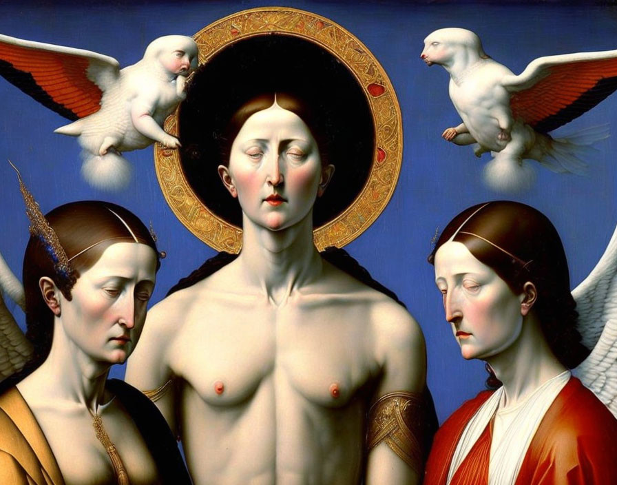 Surreal painting of haloed central figure with doves and female figures