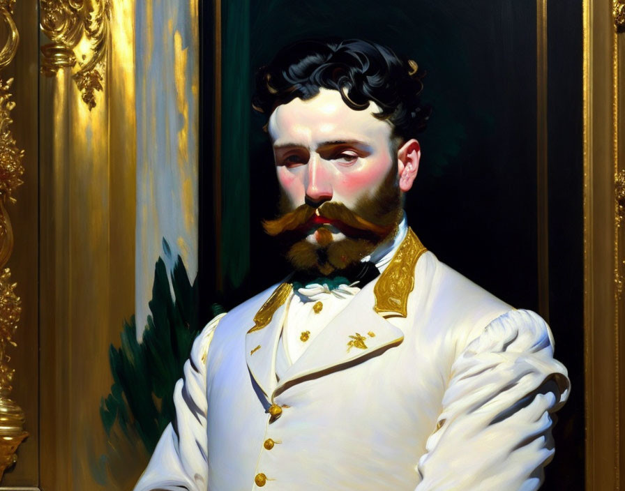 Regal man in white military uniform with beard and mustache