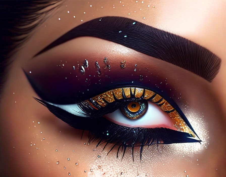 Detailed close-up of dark eyeliner, golden glitter, mascara, and dewdrops on skin