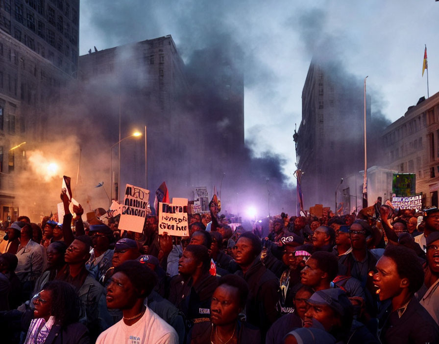 Protesters marching with signs on city street at dusk