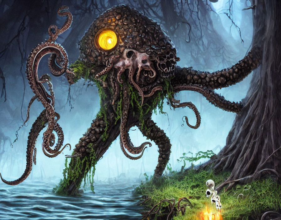 Glowing yellow-eyed octopus creature in spooky forest with small figure and lantern