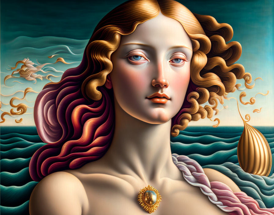 Vibrant surreal portrait of a woman with flowing hair and sea elements